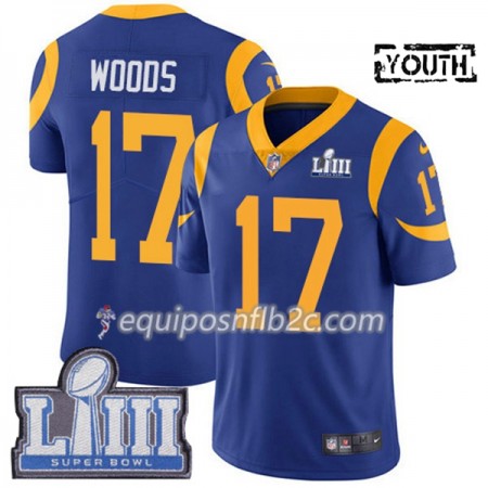 Camiseta Niño NFL Los Angeles Rams Robert Woods 17 Nike Royal 2019 Super Bowl LIII